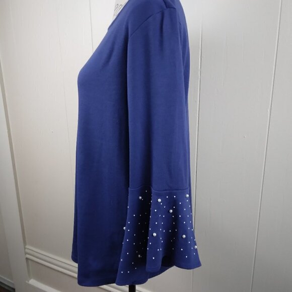 Quacker Factory | Cotton Knit  Bell Sleeve Pearl Trim Pull On Top Blue | Size L - Picture 3 of 9